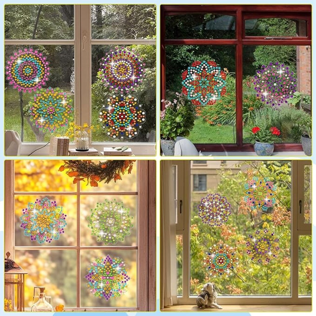 12-Piece Mandala Diamond Art Window Clings - 5D DIY Suncatcher Stickers for Glass - Stained Glass Effect Diamond Painting Kits for Adults & Beginners - Removable Gem Art Decals for Windows & Mirrors